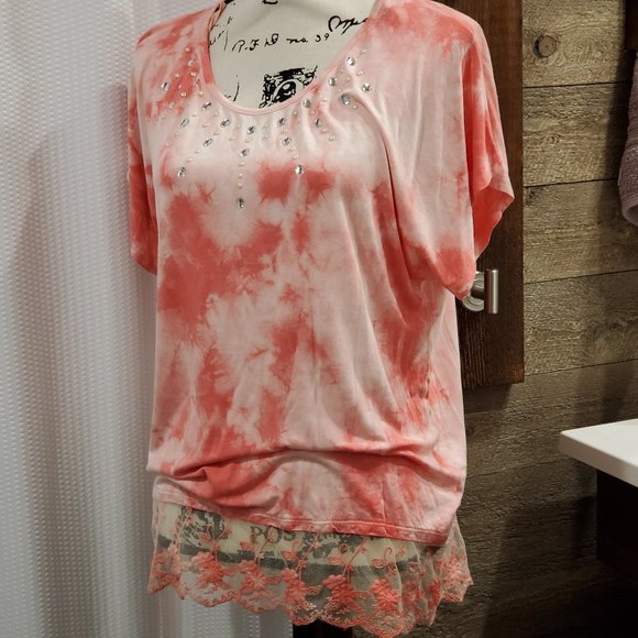 Olivia Tie Die Blouse Top Embellished Stretch Lace small - Picture 1 of 10